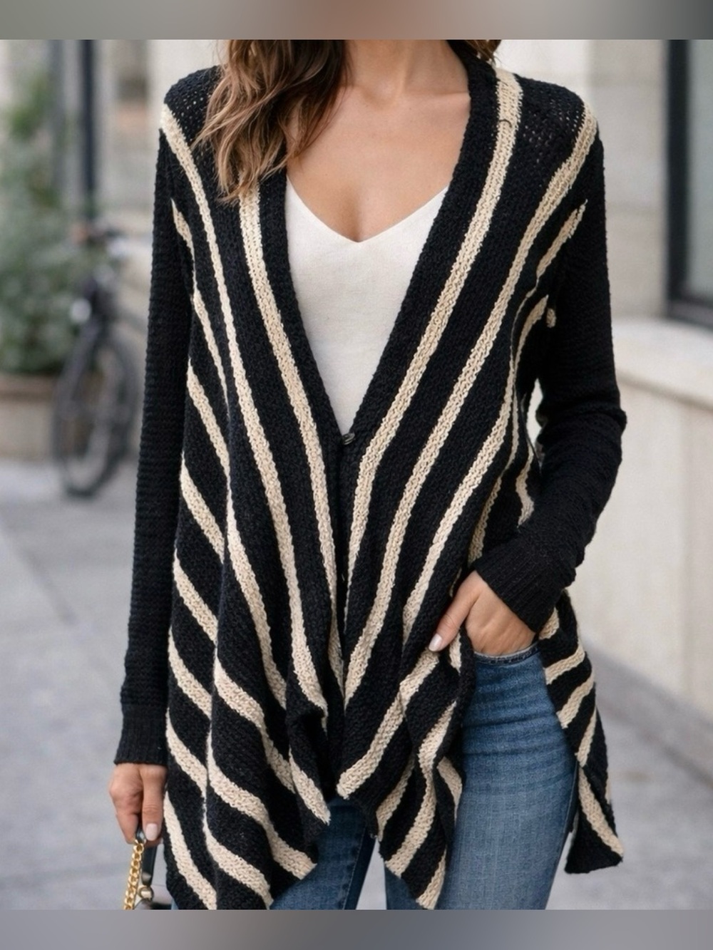 Free People Black and Cream Diagonal Stripe Open Cardigan